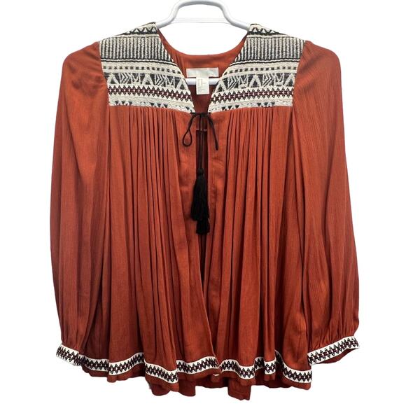 H&M Boho Peasant Blouse Orange Embroidered Tunic Top 10 M Ethnic Festival Flowy - Picture 4 of 11